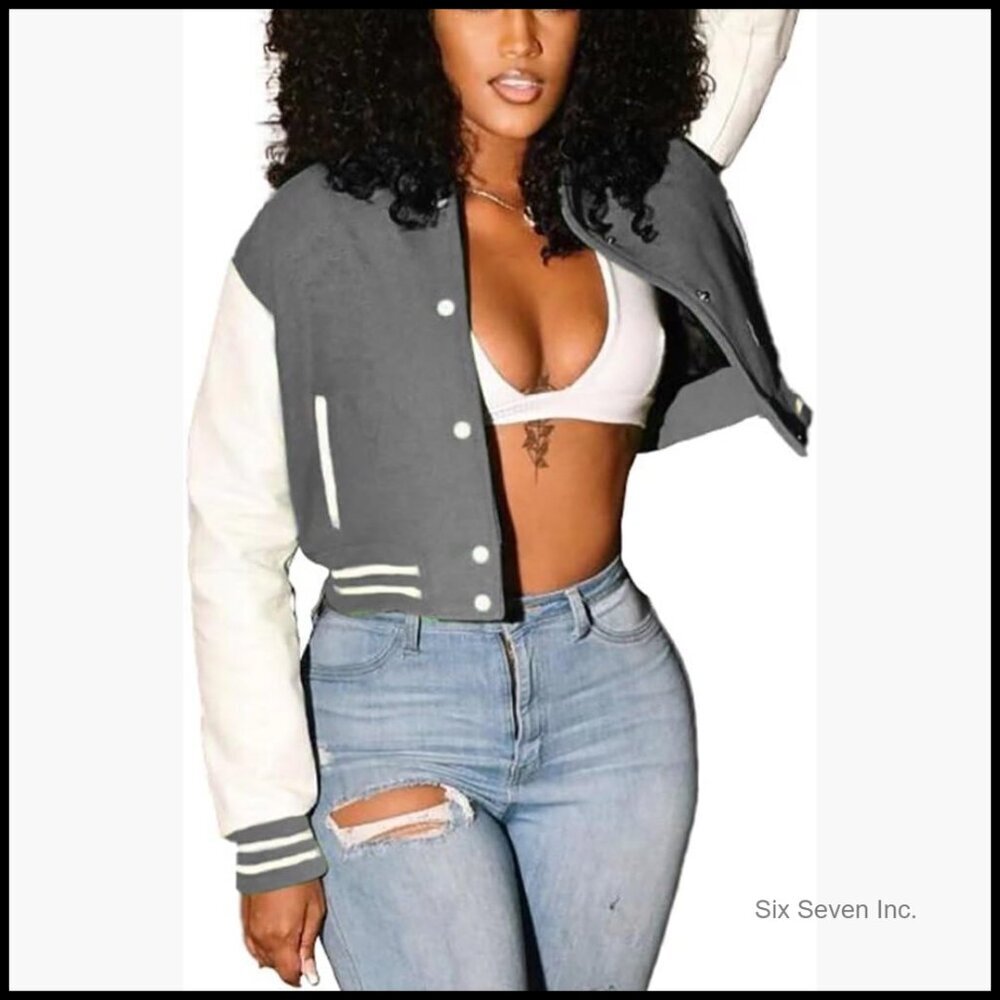 Polyester Blend Distressed Denim Jacket Puff Sleeve Cropped Bomber